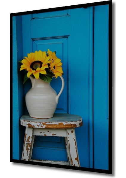 Çerçeve Görünümlü Turkuaz Kapı Önünde Ayçiçekleri Yağlı Boya Görünümlü Ahşap Ofis Kare Tablo fiyatları