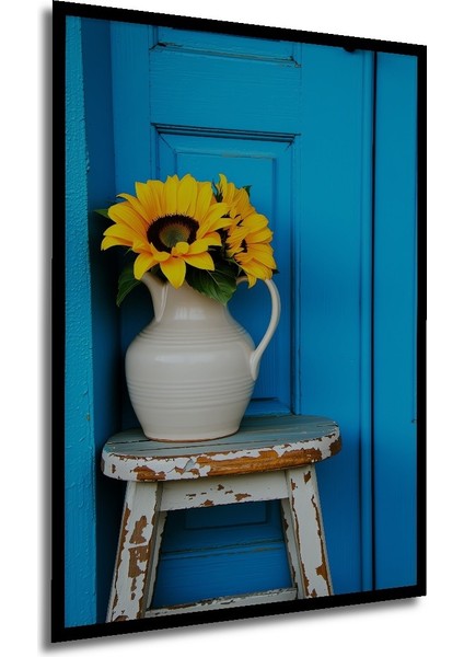 Çerçeve Görünümlü Turkuaz Kapı Önünde Ayçiçekleri Yağlı Boya Görünümlü Ahşap Ofis Kare Tablo modelleri