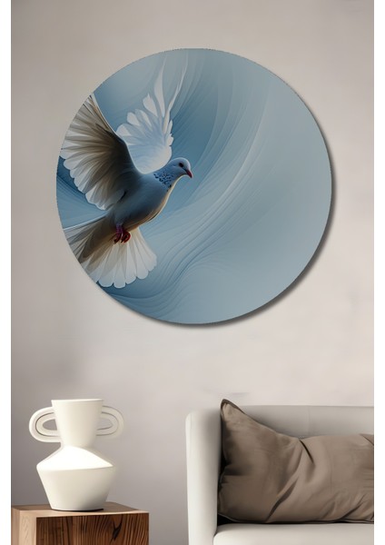Beyaz Güvercin Barışı Yağlı Boya Görünümlü Dekoratif Ahşap Ev/işyeri/ofis Yuvarlak Tablo
