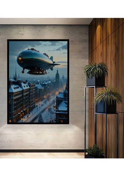 Çerçeve Görünümlü Steampunk Gökyüzü Balonu Klasik Şehir Yağlı Boya Görünümlü Ahşap Ofis Tablo