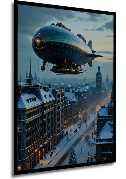 Çerçeve Görünümlü Steampunk Gökyüzü Balonu Klasik Şehir Yağlı Boya Görünümlü Ahşap Ofis Tablo modelleri