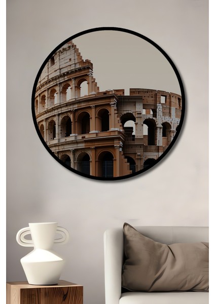 Çerçeve Görünümlü Antik Roma Kolezyumu Yağlı Boya Görünümlü Dekoratif Ahşap Ofis Yuvarlak Tablo