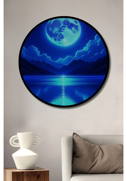 Çerçeve Görünümlü Neon Ay Göl Manzarası Yağlı Boya Görünümlü Dekoratif Ahşap Ofis Yuvarlak Tablo