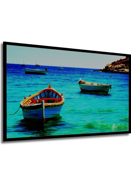 Çerçeve Görünümlü Turkuaz Denizde Balıkçı Tekneleri Yağlı Boya Görünümlü Ahşap Ofis Kare Tablo modelleri