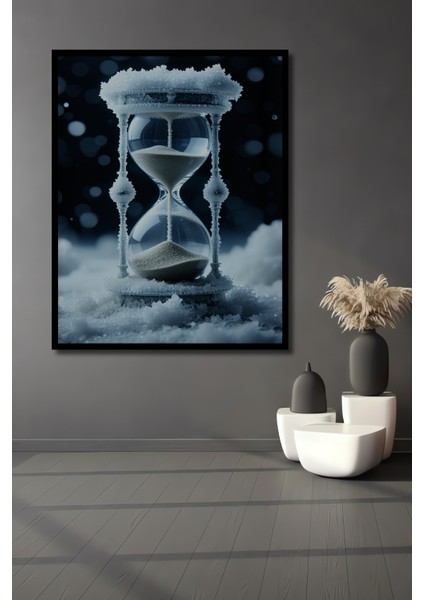 Çerçeve Görünümlü Donmuş Kum Saati Zamanın Buz Tutkusu Dekoratif Ahşap Ev/işyeri/ofis Kare Tablo