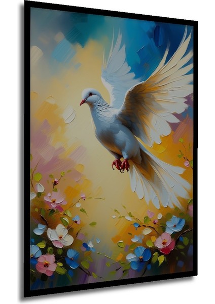 Çerçeve Görünümlü Beyaz Güvercin ve Bahar Çiçekleri Yağlı Boya Görünümlü Ahşap Ofis Kare Tablo modelleri