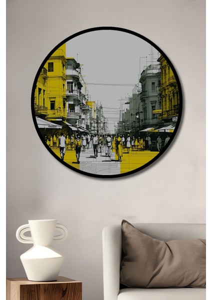 Çerçeve Görünümlü Kalabalık Şehir Sokağı Kara Kalem Görünümlü Dekoratif Ahşap Ofis Yuvarlak Tablo