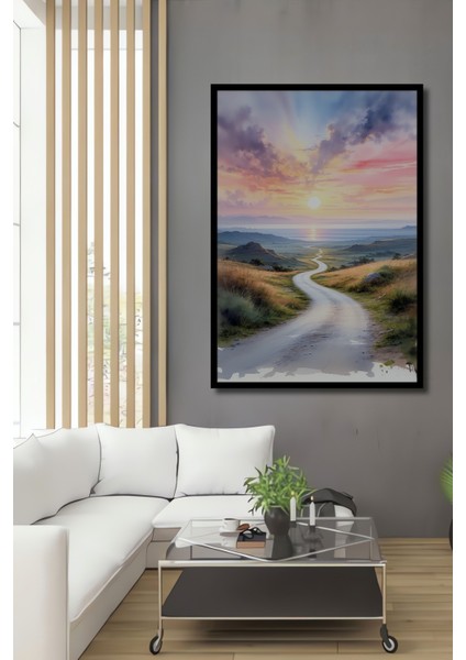 Çerçeve Görünümlü Sonsuzluğa Uzanan Yol Sulu Boya Görünümlü Dekoratif Ahşap Işyeri/ofis Kare Tablo