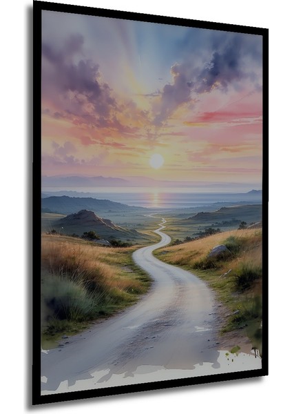 Çerçeve Görünümlü Sonsuzluğa Uzanan Yol Sulu Boya Görünümlü Dekoratif Ahşap Işyeri/ofis Kare Tablo modelleri