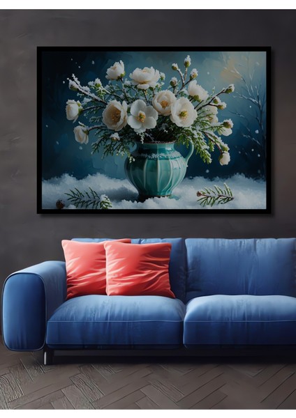 Çerçeve Görünümlü Kış Gülü Yağlı Boya Görünümlü Dekoratif Ahşap Ev/işyeri/ofis Kare Tablo