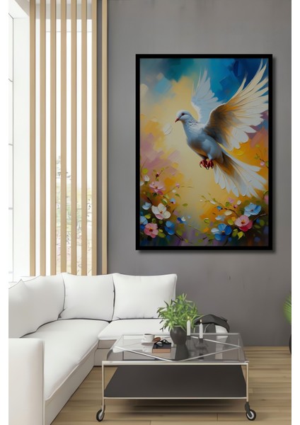 Çerçeve Görünümlü Beyaz Güvercin ve Bahar Çiçekleri Yağlı Boya Görünümlü Ahşap Ofis Kare Tablo