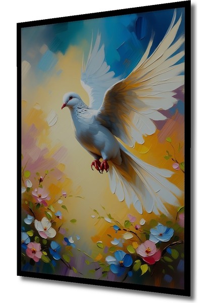 Çerçeve Görünümlü Beyaz Güvercin ve Bahar Çiçekleri Yağlı Boya Görünümlü Ahşap Ofis Kare Tablo fiyatları