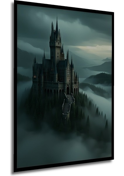 Çerçeve Görünümlü Hogwarts Şatosu Sisli Dağlar Yağlı Boya Görünümlü Ofis Dekoratif Ahşap Kare Tablo modelleri