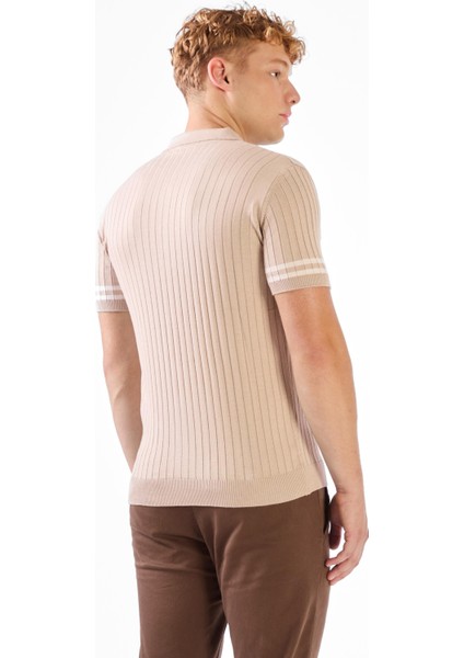 Açık Bej Polo Yaka Düğmeli Fitilli Düz Renk Slim Fit Triko Tshirt fiyatları