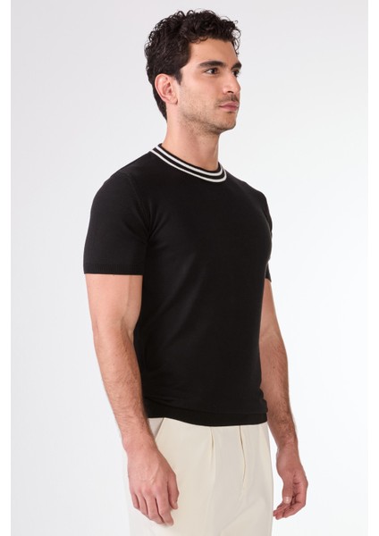 Siyah O Yaka Düz Renk Kısa Kollu Slim Fit Triko Tshirt fırsatları