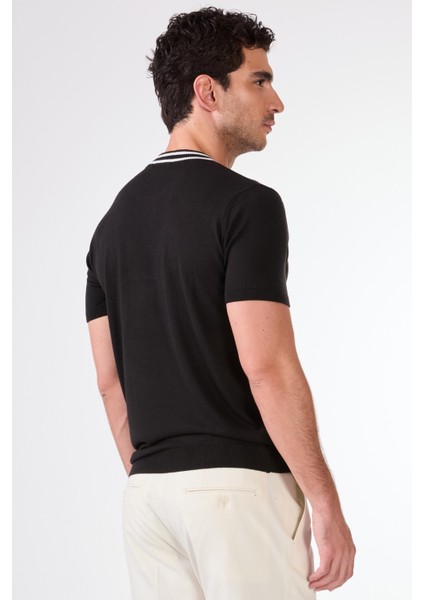 Siyah O Yaka Düz Renk Kısa Kollu Slim Fit Triko Tshirt indirimleri
