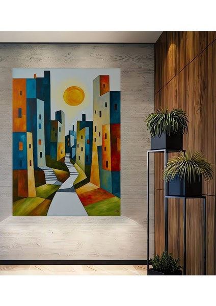Modern Şehir Manzarası Yağlı Boya Görünümlü Dekoratif Ahşap Ev/işyeri/ofis Kare Tablo