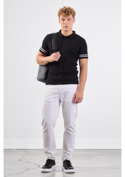 Siyah Polo Yaka Düğmeli Fitilli Düz Renk Slim Fit Triko Tshirt