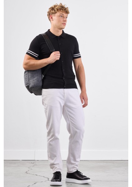 Siyah Polo Yaka Düğmeli Fitilli Düz Renk Slim Fit Triko Tshirt fiyatları