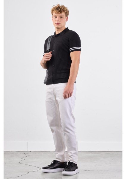 Siyah Polo Yaka Düğmeli Fitilli Düz Renk Slim Fit Triko Tshirt modelleri
