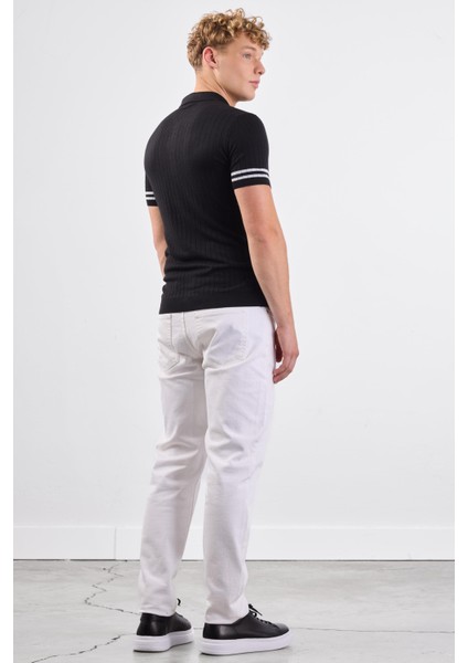 Siyah Polo Yaka Düğmeli Fitilli Düz Renk Slim Fit Triko Tshirt fırsatları