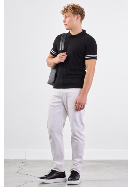 Siyah Polo Yaka Düğmeli Fitilli Düz Renk Slim Fit Triko Tshirt indirimleri
