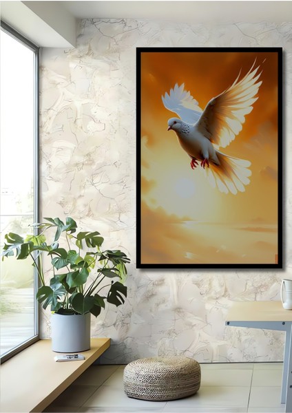 Çerçeve Görünümlü Altın Kanatlı Güvercin Yağlı Boya Görünümlü Ofis Dekoratif Ahşap Kare Tablo