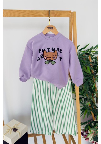Future Artist Baskılı Sweatshirt ve Yeşil Çizgili Kız Çocuk pantolon takım - Lila