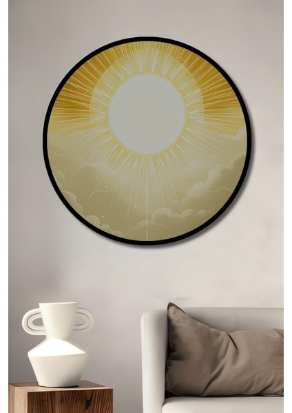 Çerçeve Görünümlü Altın Işık Huzmeleri Yağlı Boya Görünümlü Dekoratif Ahşap Ofis Yuvarlak Tablo