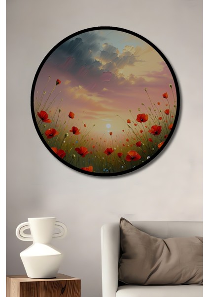 Çerçeve Görünümlü Yağlı Boya Görünümlü Gelincik Tarlası Gün Batımı Ofis Ahşap Yuvarlak Tablo