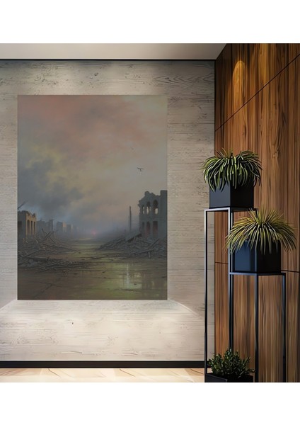 Kıyamet Sonrası Şehir Yağlı Boya Görünümlü Dekoratif Ahşap Ev/işyeri/ofis Kare Tablo