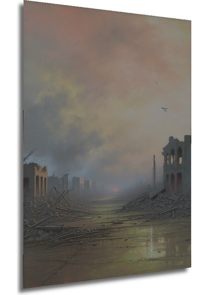 Kıyamet Sonrası Şehir Yağlı Boya Görünümlü Dekoratif Ahşap Ev/işyeri/ofis Kare Tablo modelleri