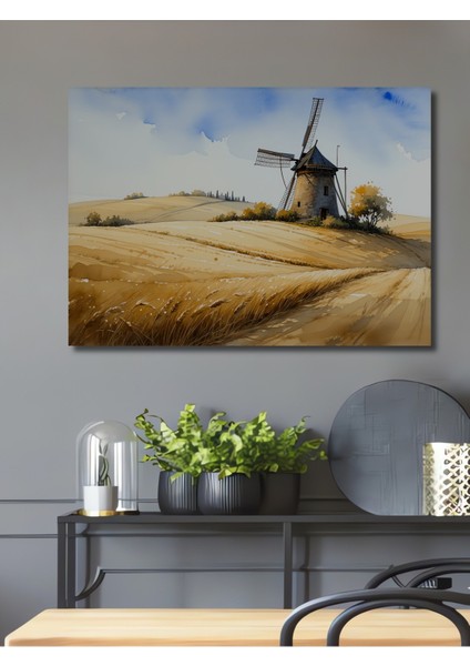 Sulu Boya Görünümlü Tarihi Yel Değirmeni ve Altın Başaklar Tarlası Dekoratif Ev/işyeri/ofis Tablo