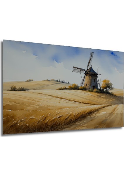 Sulu Boya Görünümlü Tarihi Yel Değirmeni ve Altın Başaklar Tarlası Dekoratif Ev/işyeri/ofis Tablo modelleri