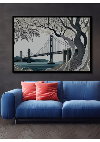 Çerçeve Görünümlü San Francisco Köprüsü Çizgisel Görünümlü Modern Sanat Ahşap Ofis Kare Tablo