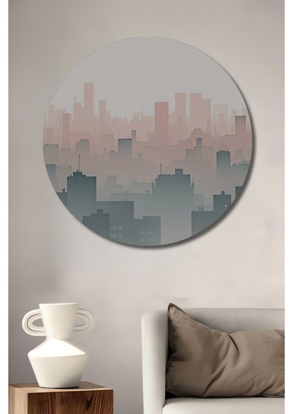 Puslu Şehir Silüeti Yağlı Boya Görünümlü Dekoratif Ahşap Ev/işyeri/ofis Yuvarlak Tablo