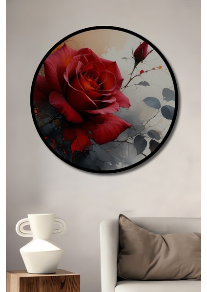 Çerçeve Görünümlü Kırmızı Gül Sulu Boya Görünümlü Modern Sanat Dekoratif Ahşap Ofis Yuvarlak Tablo