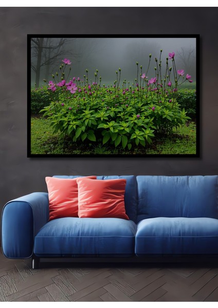 Çerçeve Görünümlü Pembe Çiçekler Bahçesi Yağlı Boya Görünümlü Dekoratif Ahşap Ofis Kare Tablo