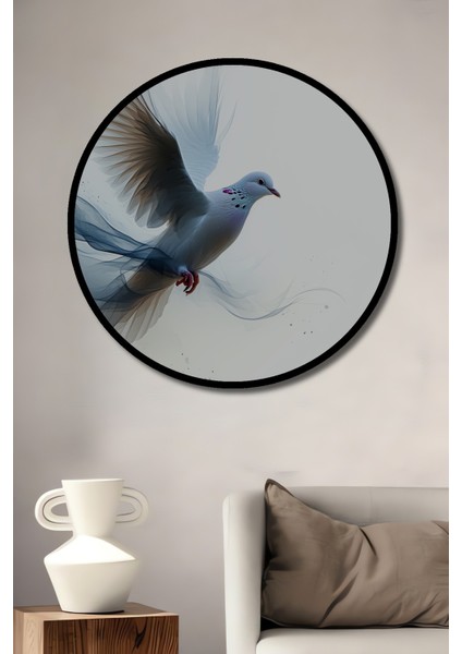 Çerçeve Görünümlü Uçan Beyaz Güvercin Sulu Boya Görünümlü Dekoratif Ahşap Ofis Yuvarlak Tablo