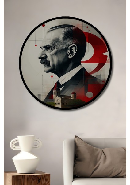 Çerçeve Görünümlü Atatürk Modern Sanat Yağlı Boya Görünümlü Dekoratif Ahşap Ofis Yuvarlak Tablo