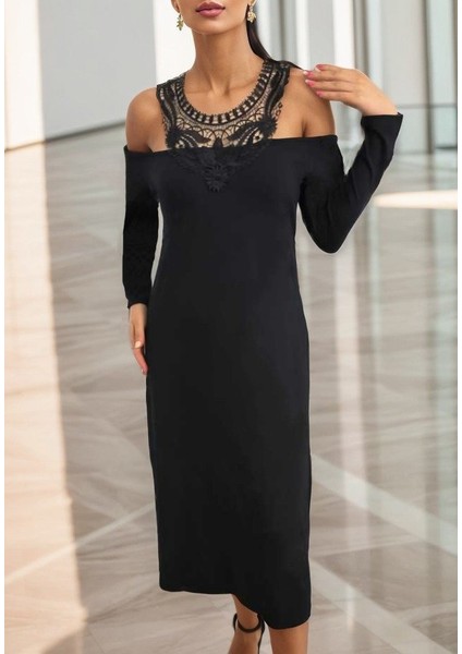 Kadın Uzun Kollu Yaka Önü Güpürlü Madonna Yaka Viskon Midi Boy Elbise