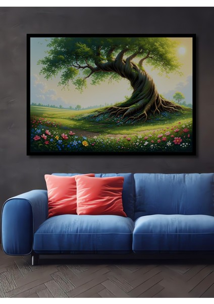 Çerçeve Görünümlü Yağlı Boya Görünümlü Hayat Ağacı ve Çiçek Bahçesi Manzarası Salon Mdf Tablo