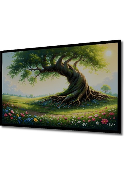 Çerçeve Görünümlü Yağlı Boya Görünümlü Hayat Ağacı ve Çiçek Bahçesi Manzarası Salon Mdf Tablo fiyatları