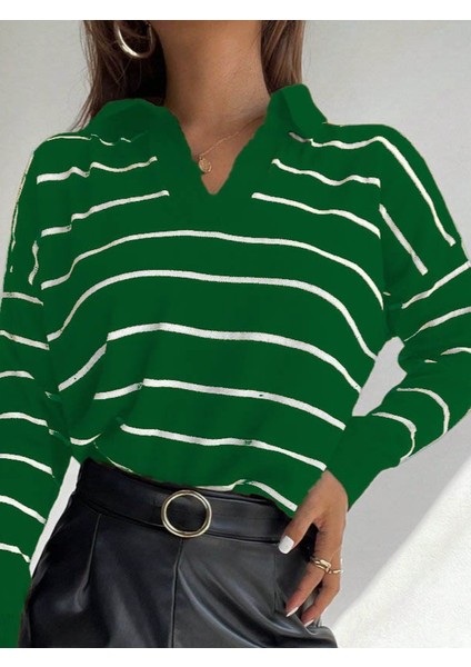 Kadın Uzun Kollu V Yaka Çizgili Triko Bluz