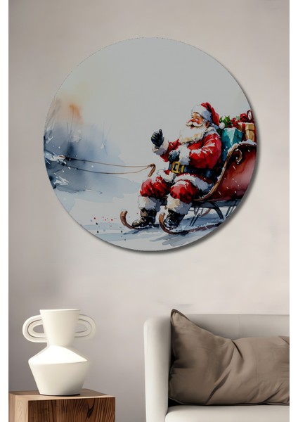 Noel Baba Kızak Sulu Boya Görünümlü Dekoratif Ahşap Ev/işyeri/ofis Yuvarlak Tablo