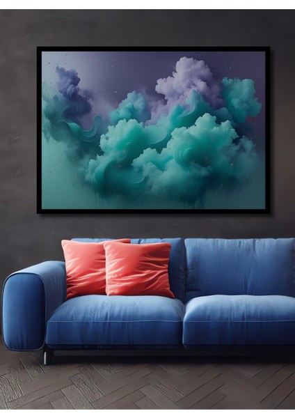 Çerçeve Görünümlü Turkuaz Rüya Bulutlar Yağlı Boya Görünümlü Dekoratif Ahşap Işyeri/ofis Kare Tablo