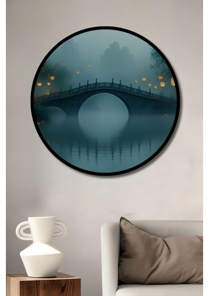Çerçeve Görünümlü Sulu Boya Görünümlü Asya Köprüsü ve Fenerler Dekoratif Ahşap Ofis Yuvarlak Tablo
