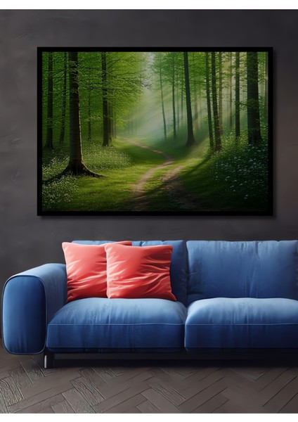 Çerçeve Görünümlü Yeşil Orman Yolu Yağlı Boya Görünümlü Dekoratif Ahşap Ev/işyeri/ofis Kare Tablo