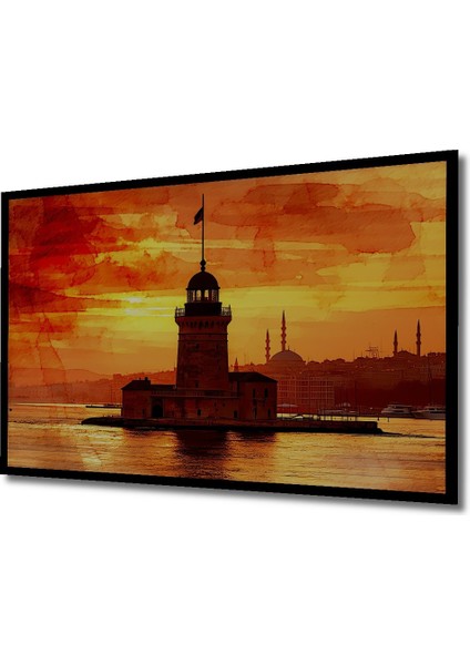 Çerçeve Görünümlü Kız Kulesi Istanbul Sulu Boya Görünümlü Dekoratif Ahşap Ev/işyeri/ofis Kare Tablo fiyatları