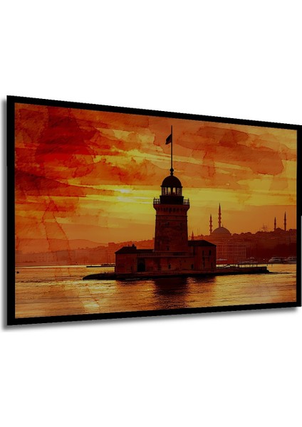 Çerçeve Görünümlü Kız Kulesi Istanbul Sulu Boya Görünümlü Dekoratif Ahşap Ev/işyeri/ofis Kare Tablo modelleri